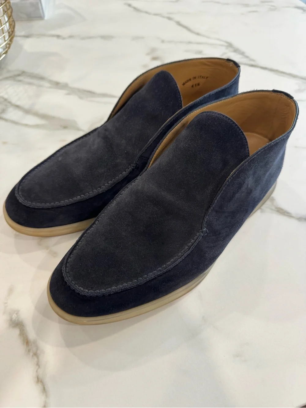 Loro Piano Men's Navy Blue Suede Open Walk Slip-On Chukka Shoes Size 41.5